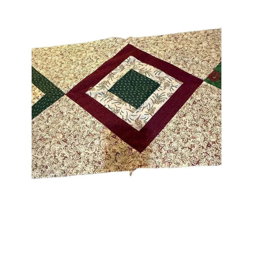 Handmade Quilt Table Runner Top 46x15 Unfinished Christmas Burgundy Green